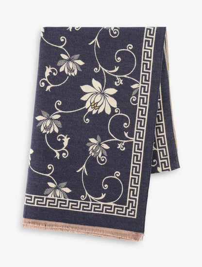 Echarpe en laine mélangée imprimé grec et fleurs - Bleu - 2