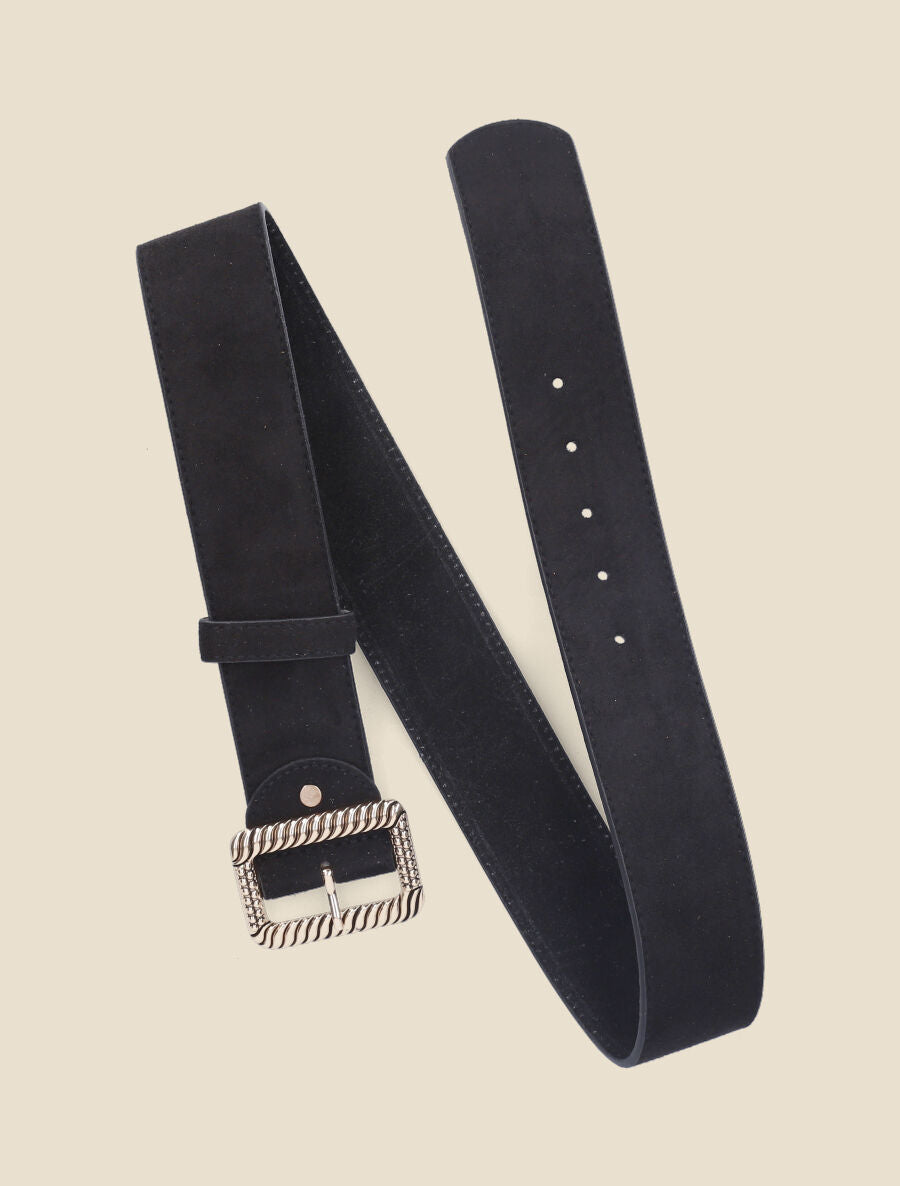 Ceinture en suédine à boucle carrée stylisée - Noir - 3