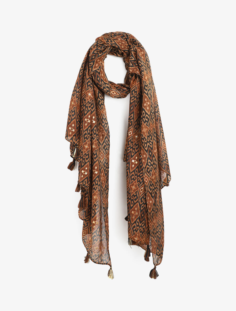 Foulard à imprimé graphique irisé et pampilles - Camel - 1