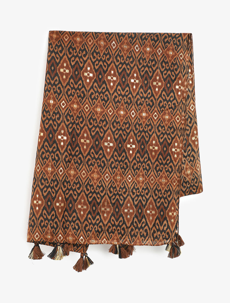 Foulard à imprimé graphique irisé et pampilles - Camel - 2