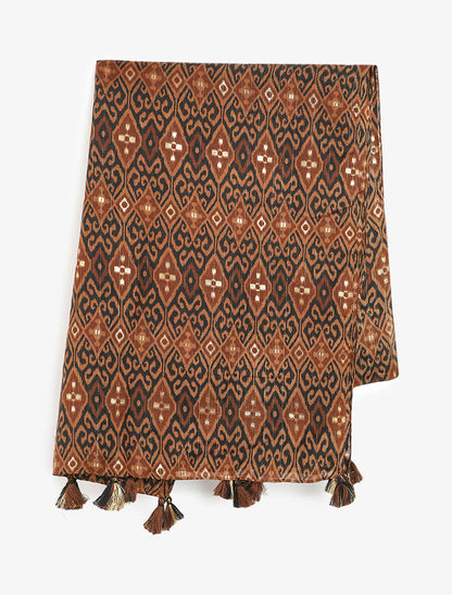 Foulard à imprimé graphique irisé et pampilles - Camel - 2