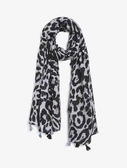 Foulard à imprimé léopard et pampilles - Gris - 1