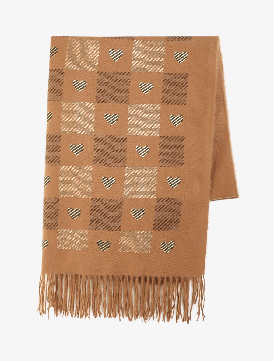 Echarpe à carreaux et motif coeur - Camel - 2