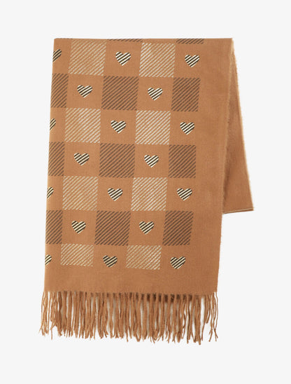 Echarpe à carreaux et motif coeur - Camel - 2