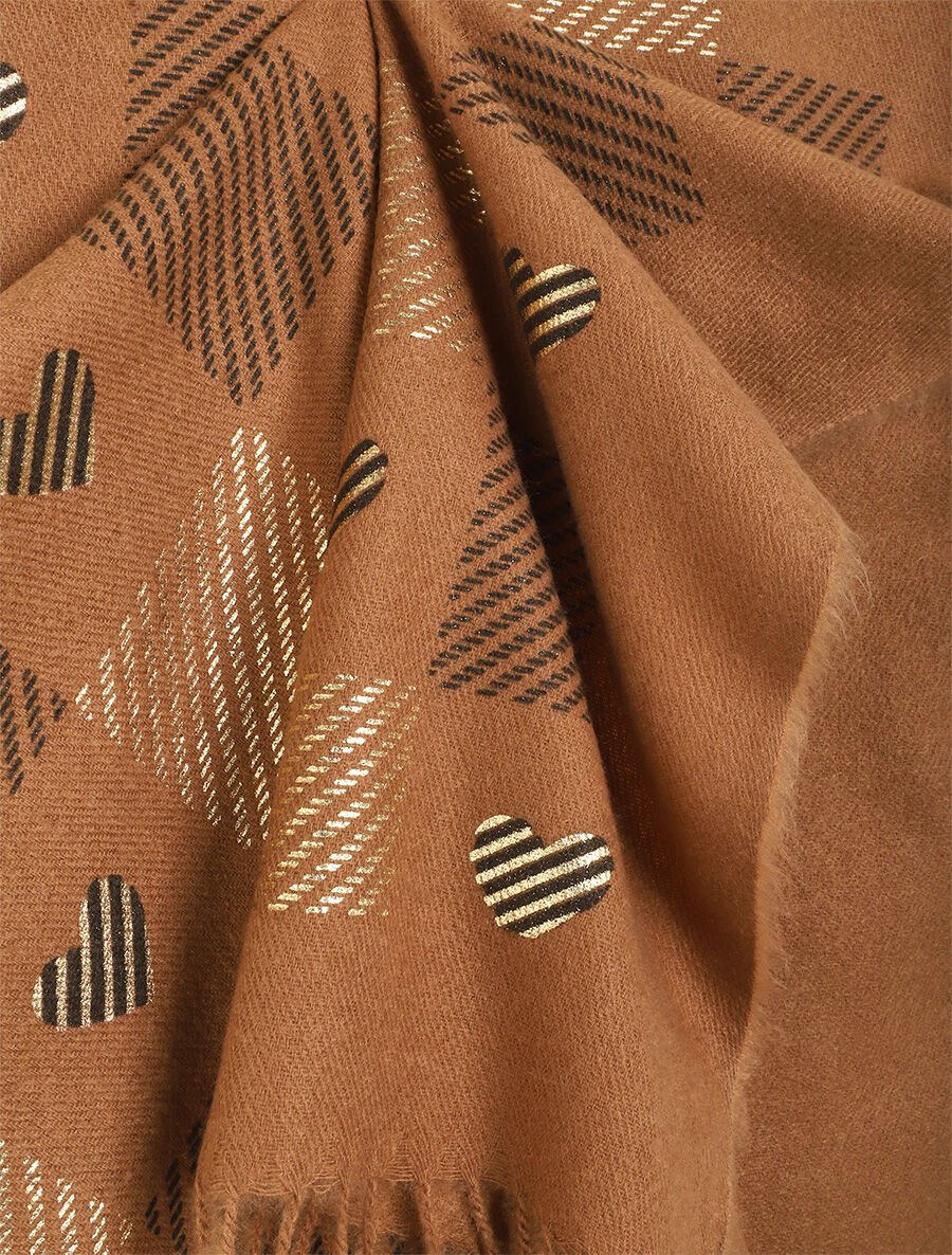 Echarpe à carreaux et motif coeur - Camel - 3