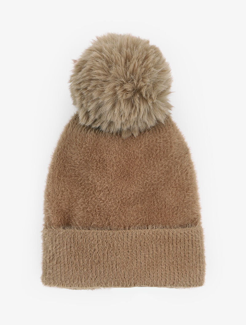 Bonnet uni en maille duveteuse - Camel - 1
