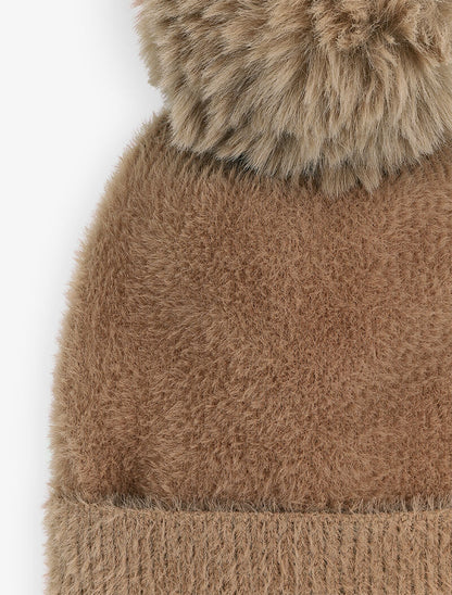 Bonnet uni en maille duveteuse - Camel - 2