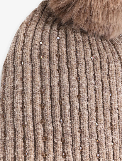 Bonnet côtelé à perles et pompon - Beige - 2