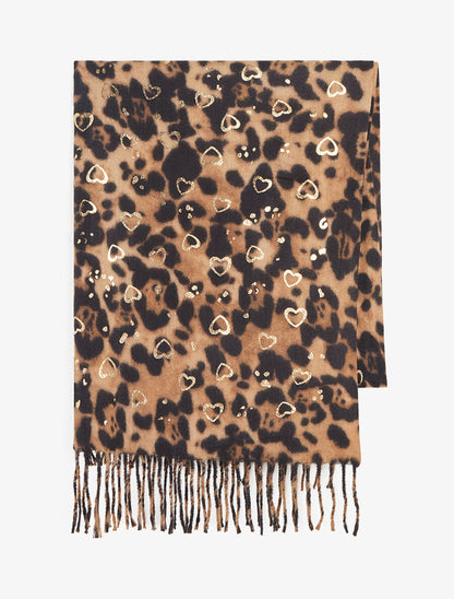Foulard épais imprimé léopard et cœurs nacrés - Camel - 2