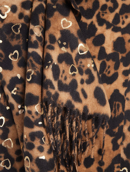 Foulard épais imprimé léopard et cœurs nacrés - Camel - 3
