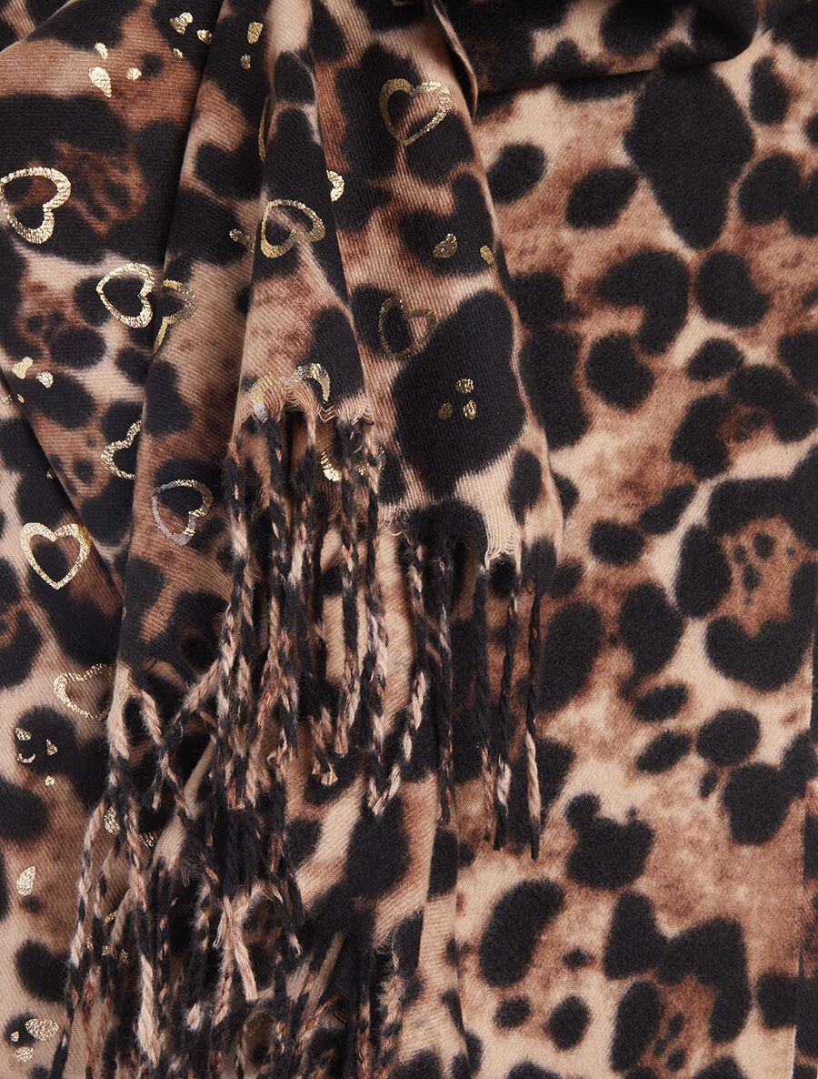 Foulard épais imprimé léopard et cœurs nacrés - Beige - 3