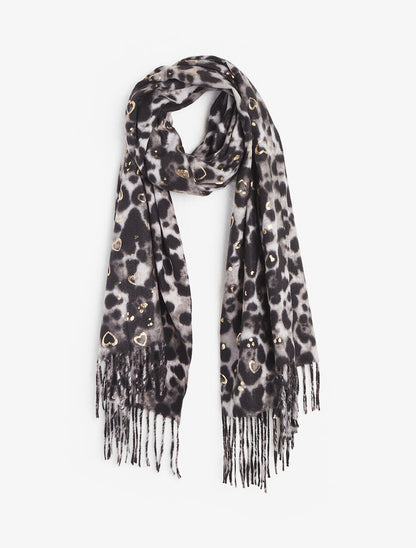 Foulard épais imprimé léopard et cœurs nacrés - Gris - 1