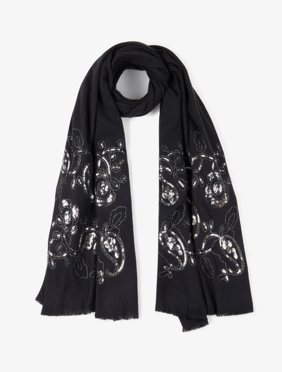 Echarpe à imprimé fleurs ornées de sequins - Noir - 1