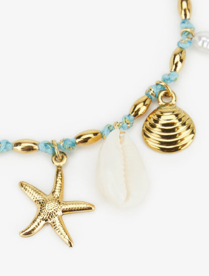 Bracelet corde à charms coquillages et perles - Or/bleu - 3