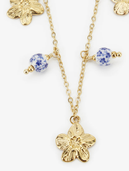 Collier à breloques style porcelaine et fleurs - Or/bleu - 3
