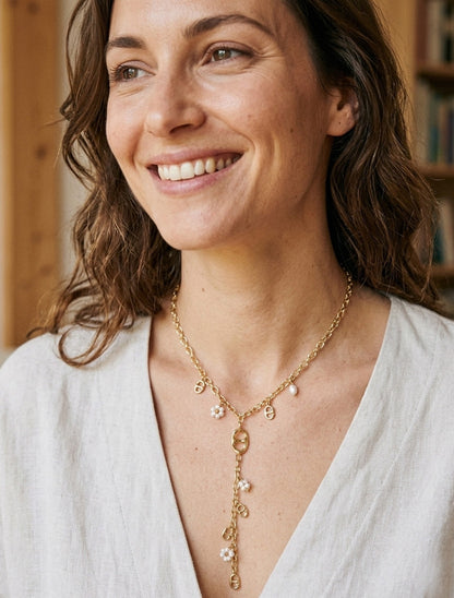 Collier à fleurs et breloques ovales - Or - 1