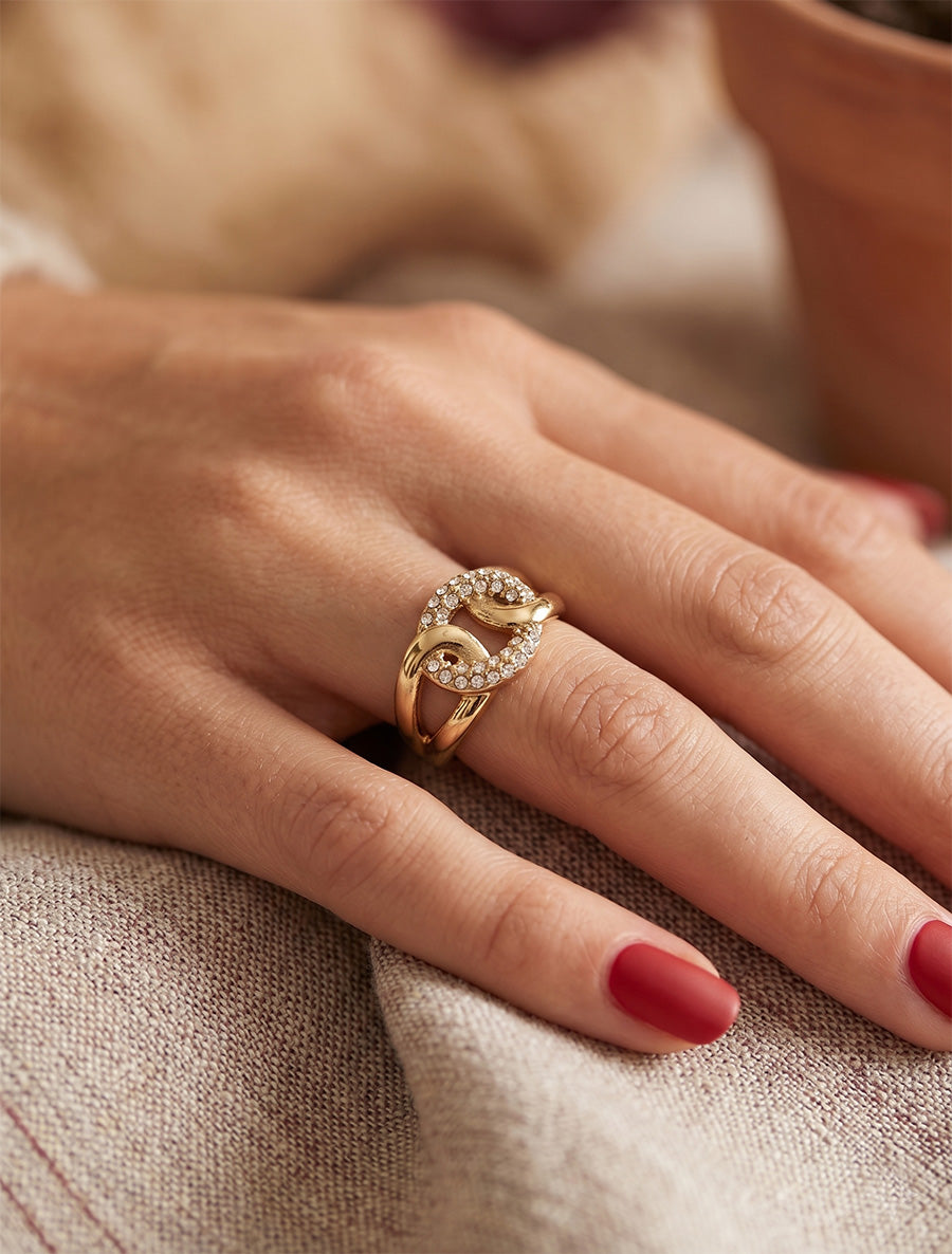 Bague ouverte à maillons entrelacés et strass - Or - 1