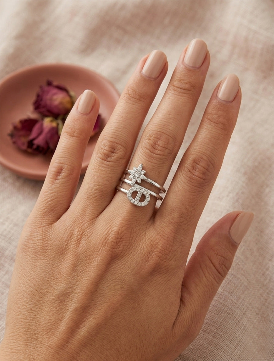 Bague à étoile et maillon strassés - Argent - 1
