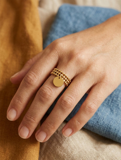 Bague à petites billes et breloque ronde - Or - 1