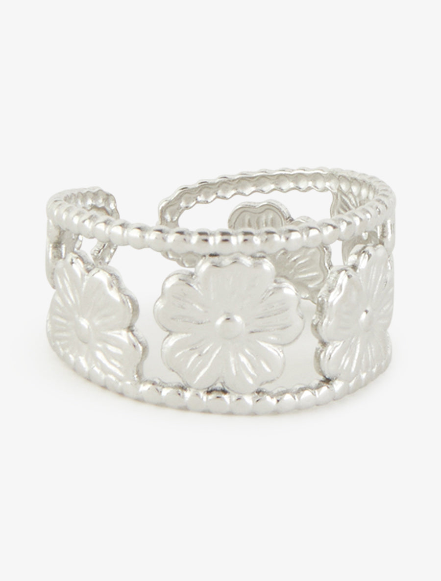 Bague à petites billes et motif floral - Argent - 2