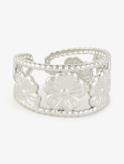 Bague à petites billes et motif floral - Argent - 2