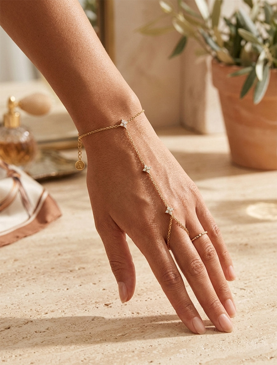 Bracelet chaîne de main à zircons blancs - Or - 1