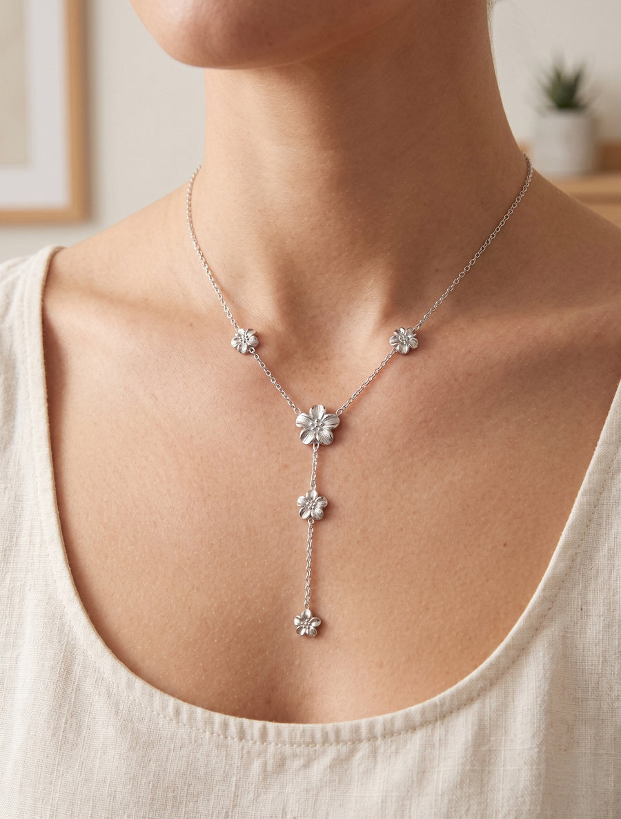 Collier fin en Y à fleurs - Argent - 1