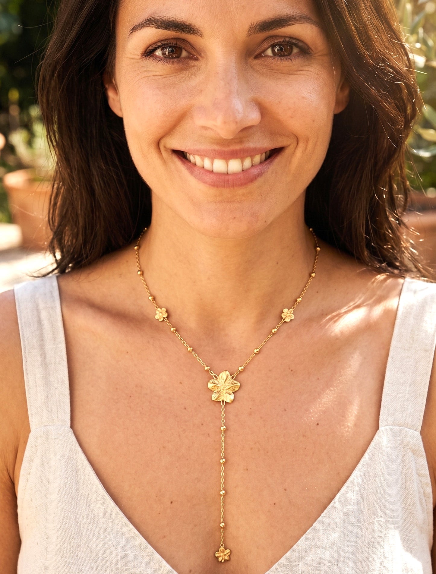 Collier en Y à bille et fleurs - Or - 1