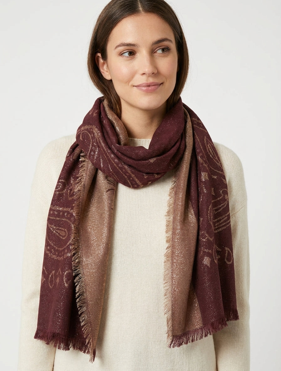 Rechthoekige iriserende sjaal met paisleymotief - Bordeaux
