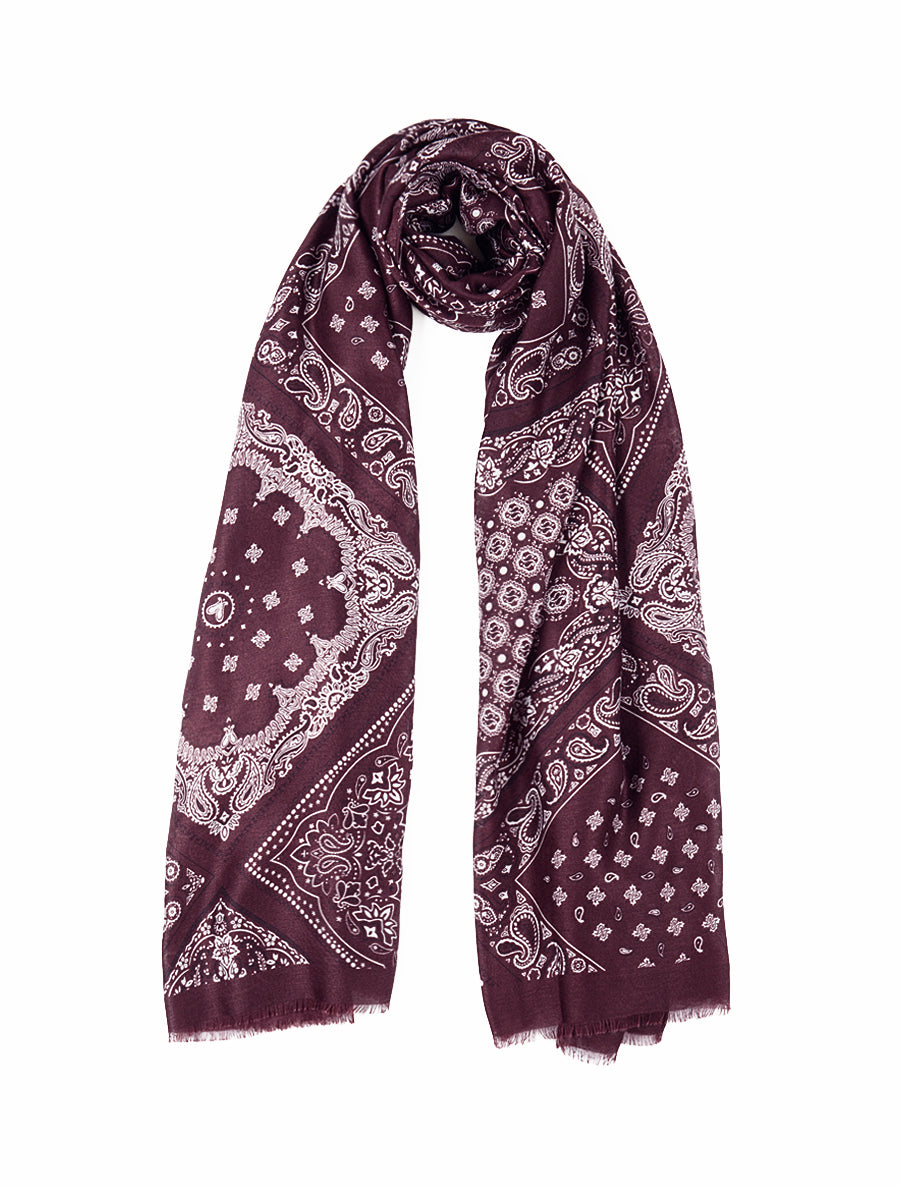 Echarpe imprimé bandana en coton mélangé - Lie de vin - 1