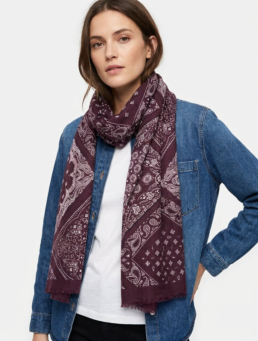 Echarpe imprimé bandana en coton mélangé - Lie de vin