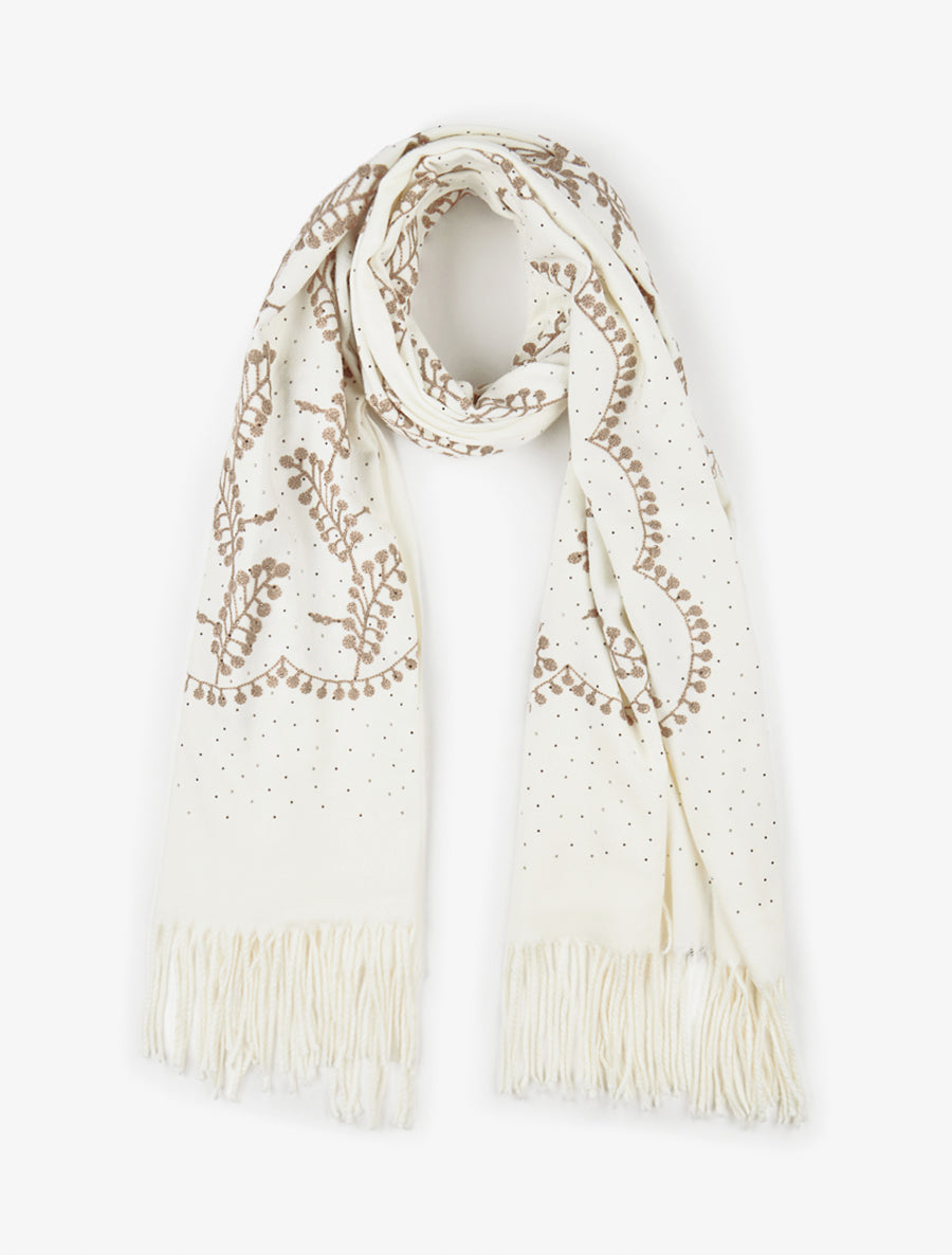 Echarpe en laine mélangée à broderies et strass - Écru - 1