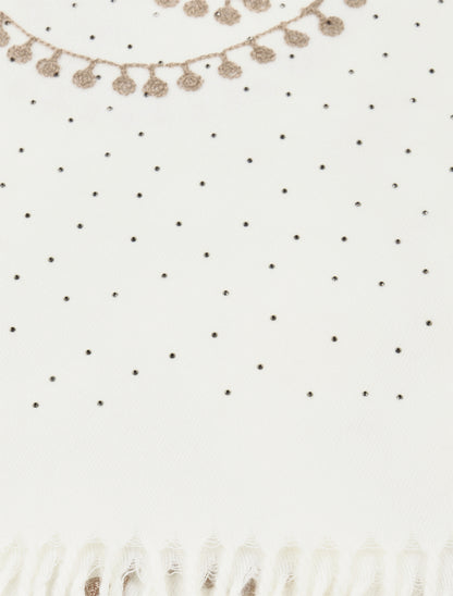 Echarpe en laine mélangée à broderies et strass - Écru - 3