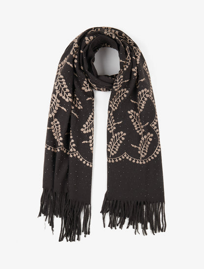 Echarpe en laine mélangée à broderies et strass - Marron - 1