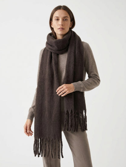 Echarpe laine duveteuse à franges - Marron