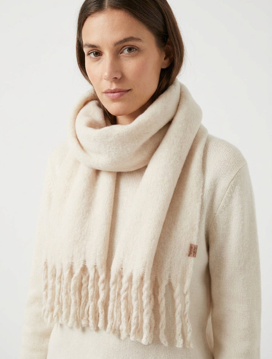 Echarpe laine duveteuse à franges - Beige