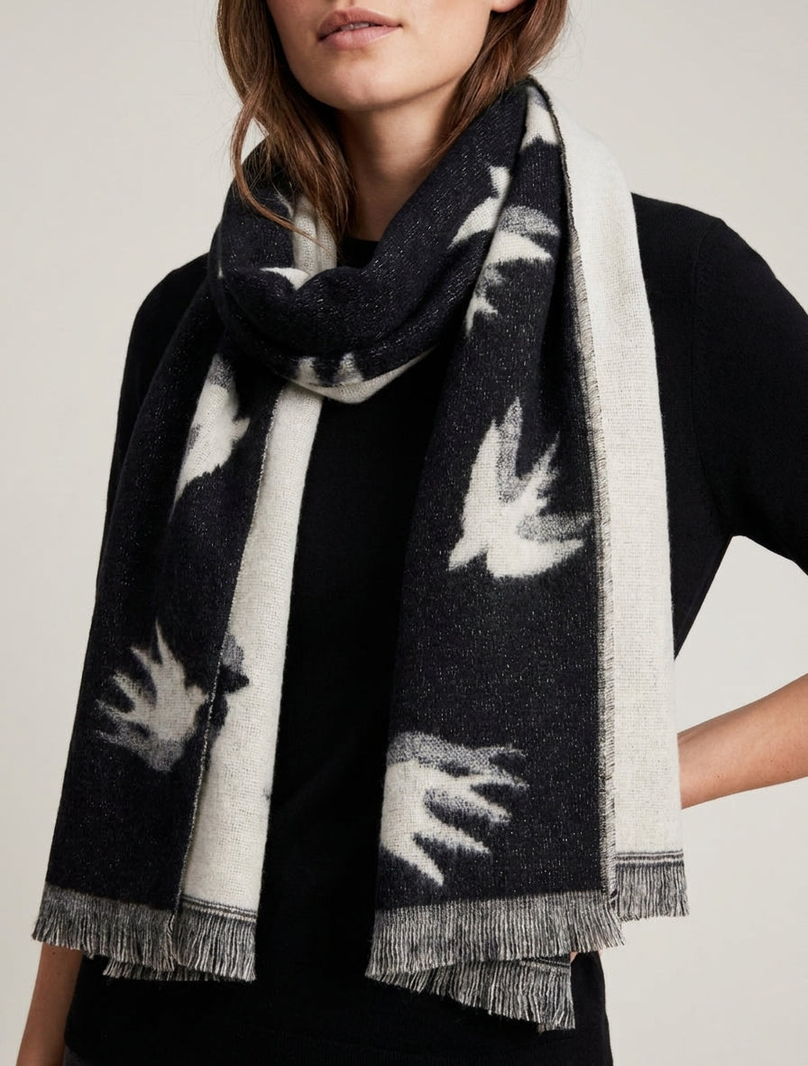 Echarpe en laine mélangée motif colombes - Noir
