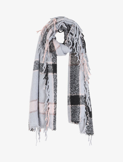 Echarpe à carreaux et franges - Gris clair - 1