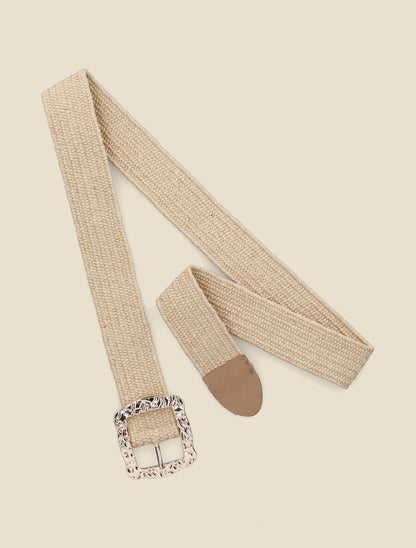 Ceinture style raphia à boucle carrée dorée - Taupe - 2