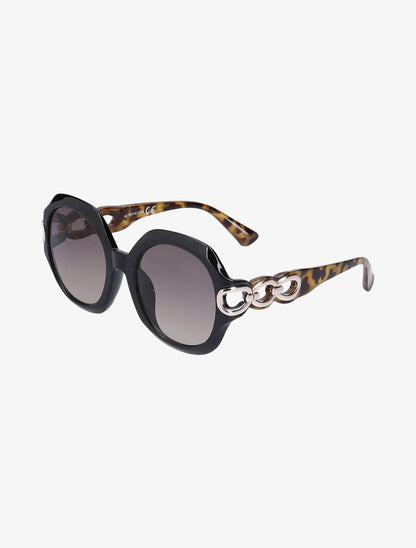 Lunettes rondes oversize à branches stylisées - Noir/léopard - 1