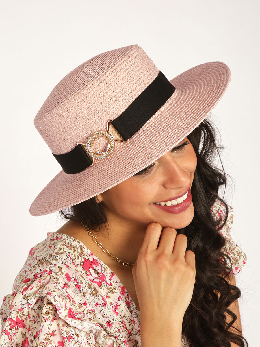 Canotier à sequins et galon bijou - Rose pâle - 1
