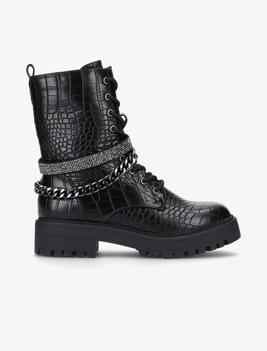 Boots biker croco à bande strassée - Noir - 1