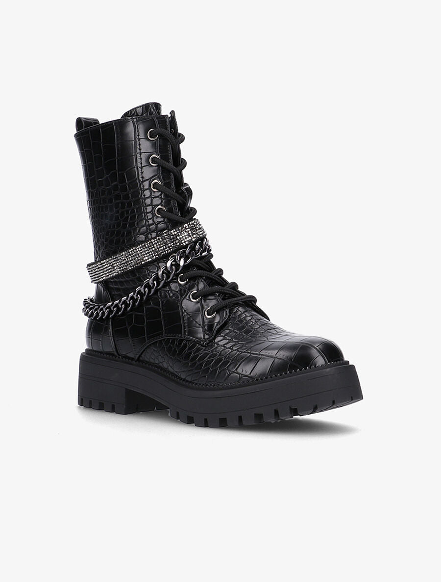 Boots biker croco à bande strassée - Noir - 2