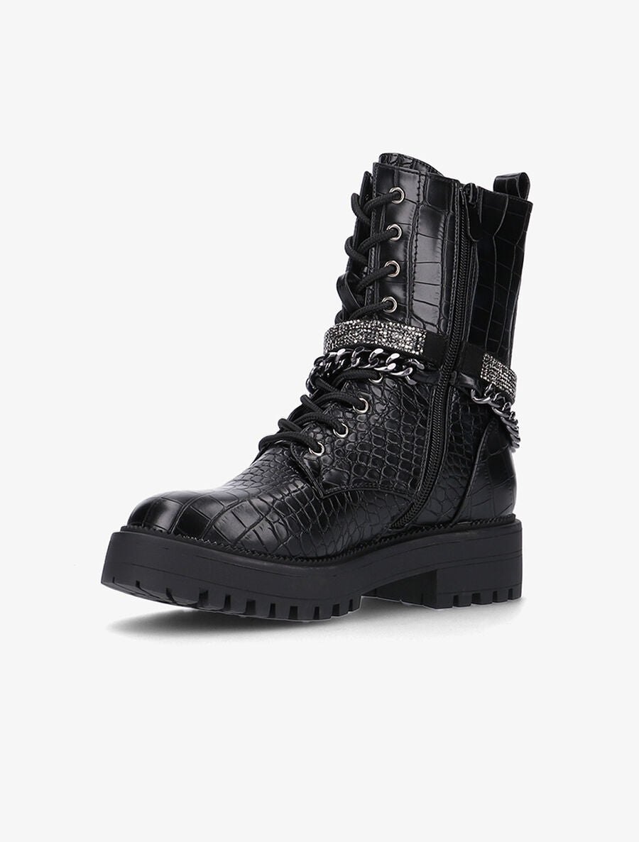 Boots biker croco à bande strassée - Noir - 3