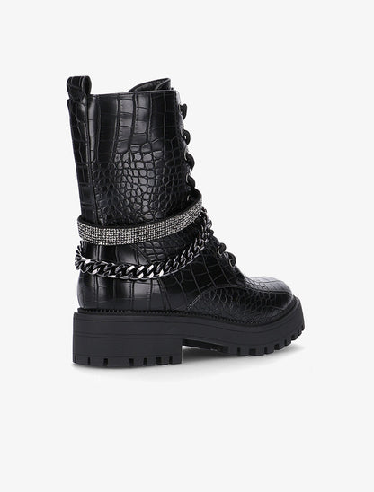 Boots biker croco à bande strassée - Noir - 4