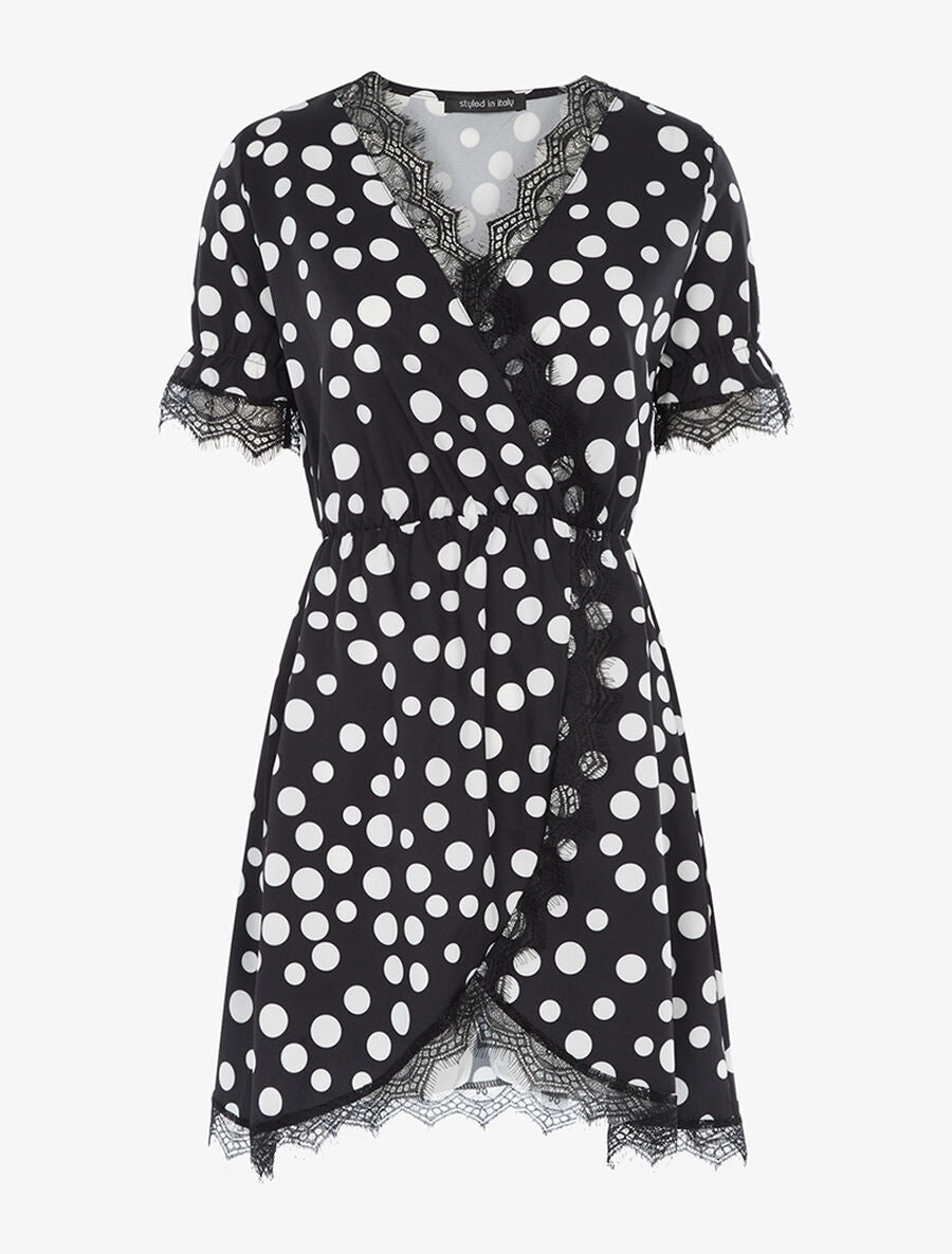 Robe cache coeur imprimé pois à bords dentelle - Noir - 1