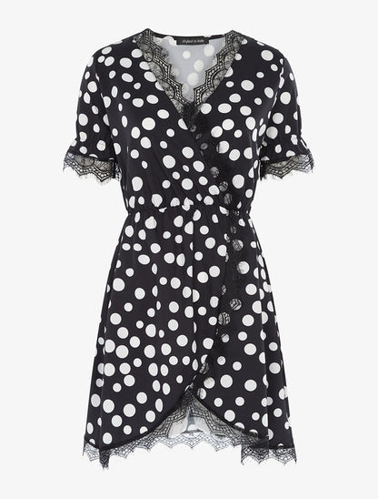 Robe cache coeur imprimé pois à bords dentelle - Noir - 1