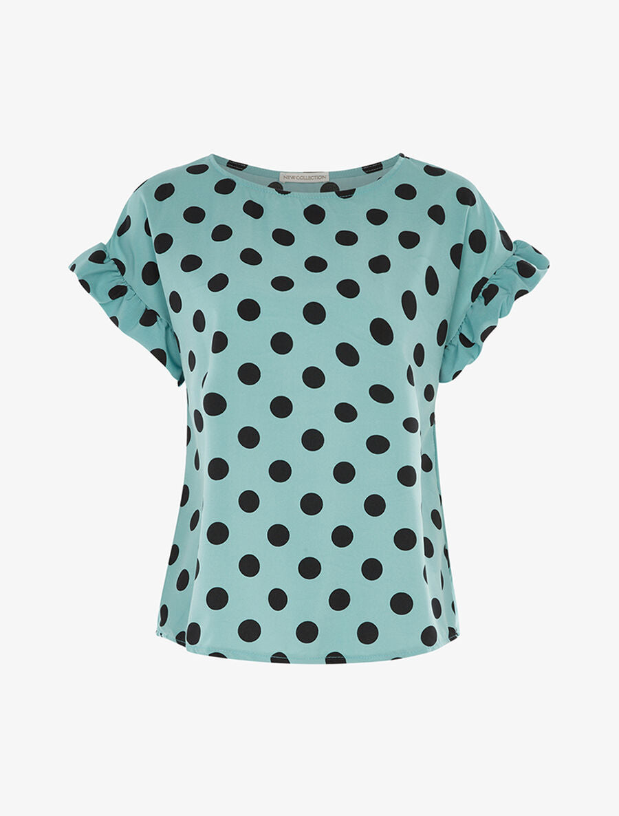 Blouse à pois et manches volantées - Turquoise - 1