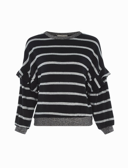 Pull effet sweat rayé à volants - Noir - 1