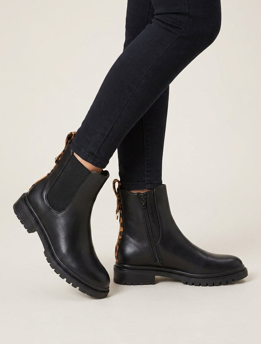 Chelsea boots à contrefort stylisé - Noir/léopard